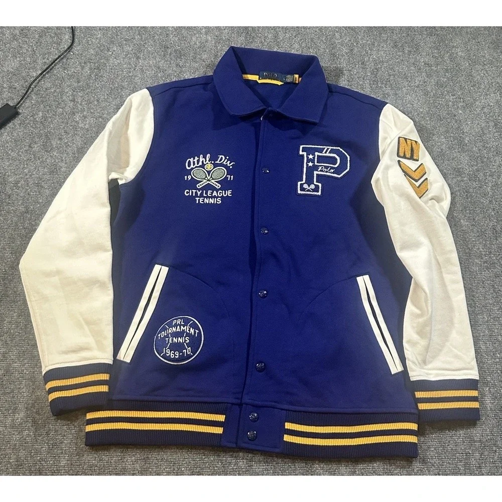 Ralph Lauren Men's Polo Tennis Varsity Coat Blue Yellow Athletic Division L Tall
